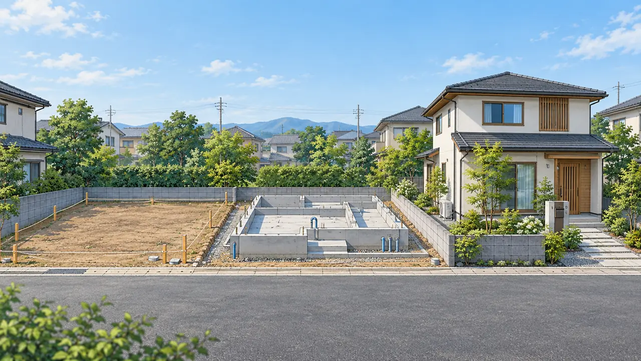 同じ住宅用地が、取得時の空き地、建築中、住宅完成の段階へ進む様子を描いたイメージ