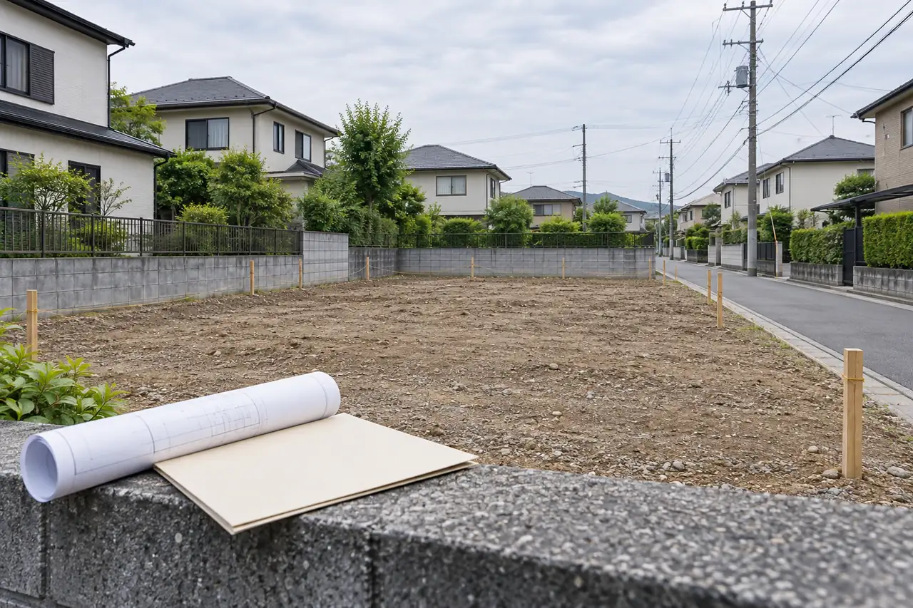 住宅建築前の宅地に境界杭が立ち、手前に建築図面が置かれたイメージ