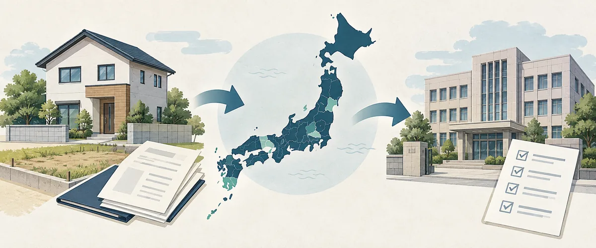 都道府県別の不動産取得税を確認する地図、住宅模型、書類、電卓の編集イラスト