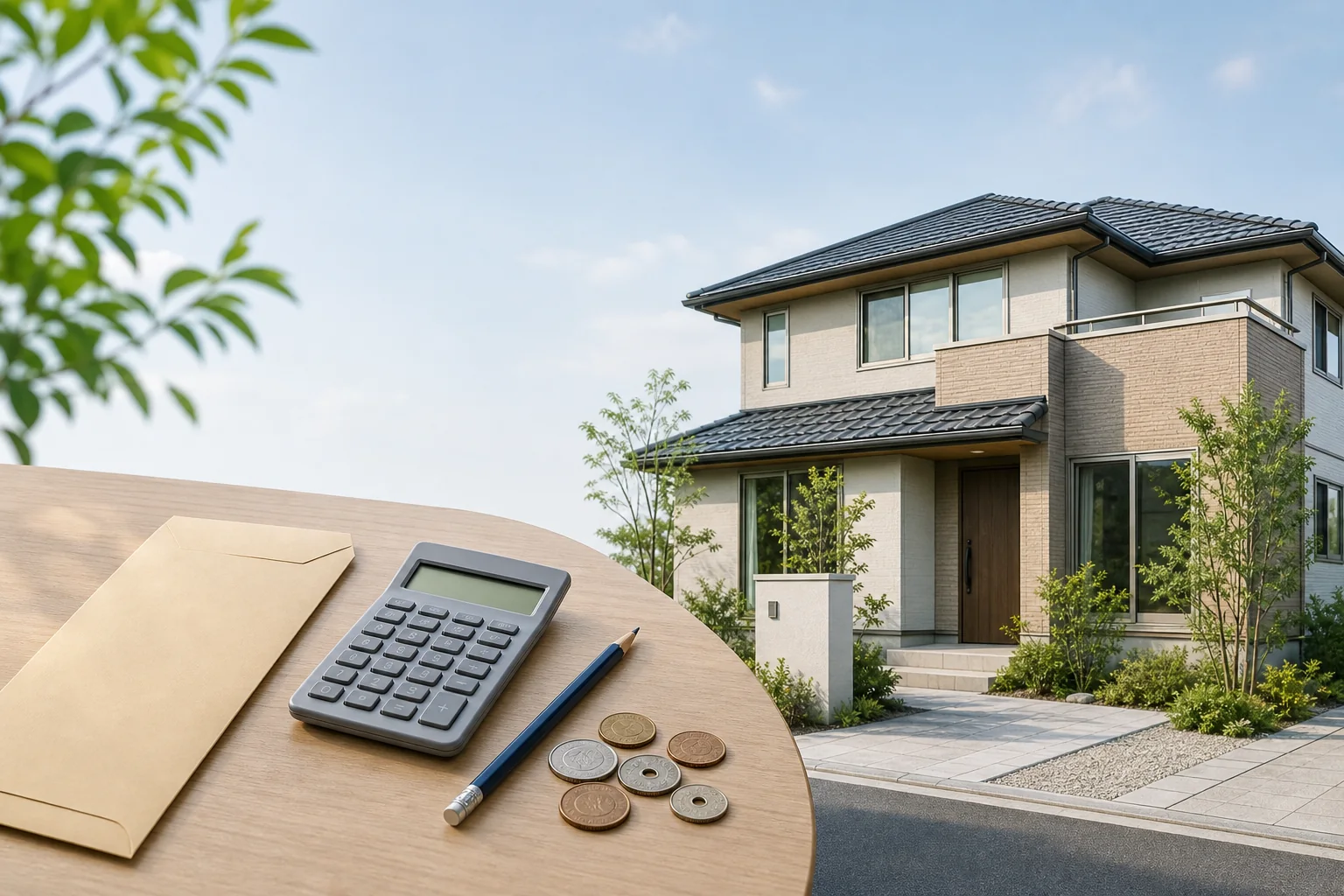 一戸建てと固定資産税の封筒、計算機を組み合わせた編集イメージ