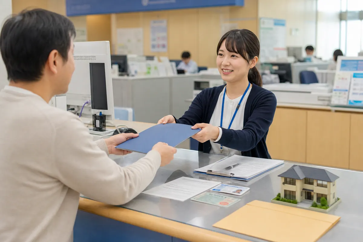 自治体の窓口で固定資産税評価証明書の申請書類を渡す場面の編集イメージ